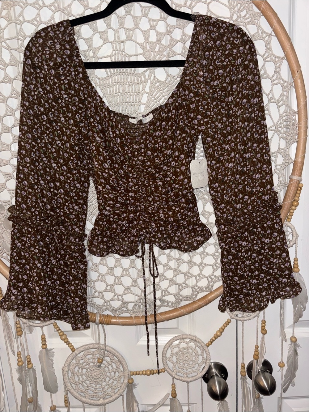 Altar'd State Brown Floral Peasant Blouse with Bell Sleeves BNWT A00421